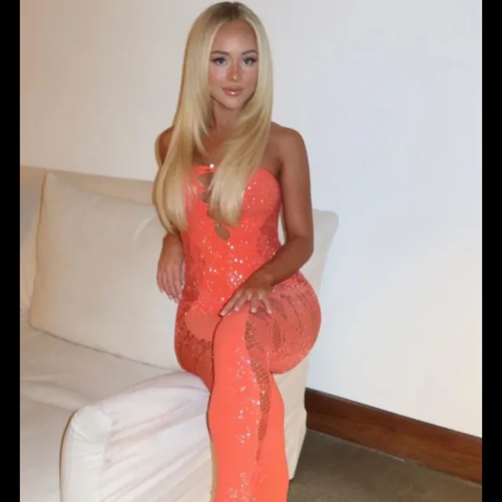 *NWT* White Fox Out of this world Flame Jumpsuit Party Vegas Catsuit Mesh Coral